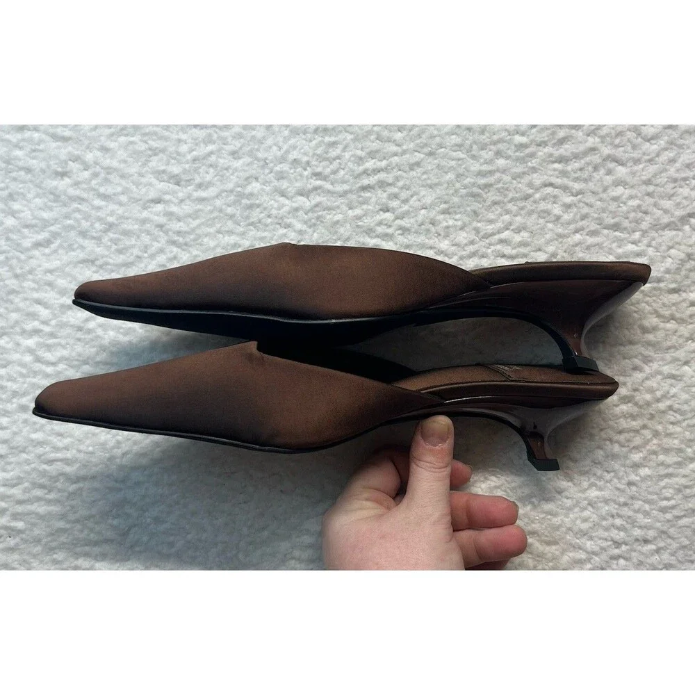 Jeffrey Campbell Heels Womens 8 Brown Satin Esmerelda Square Mules Kitten Heel